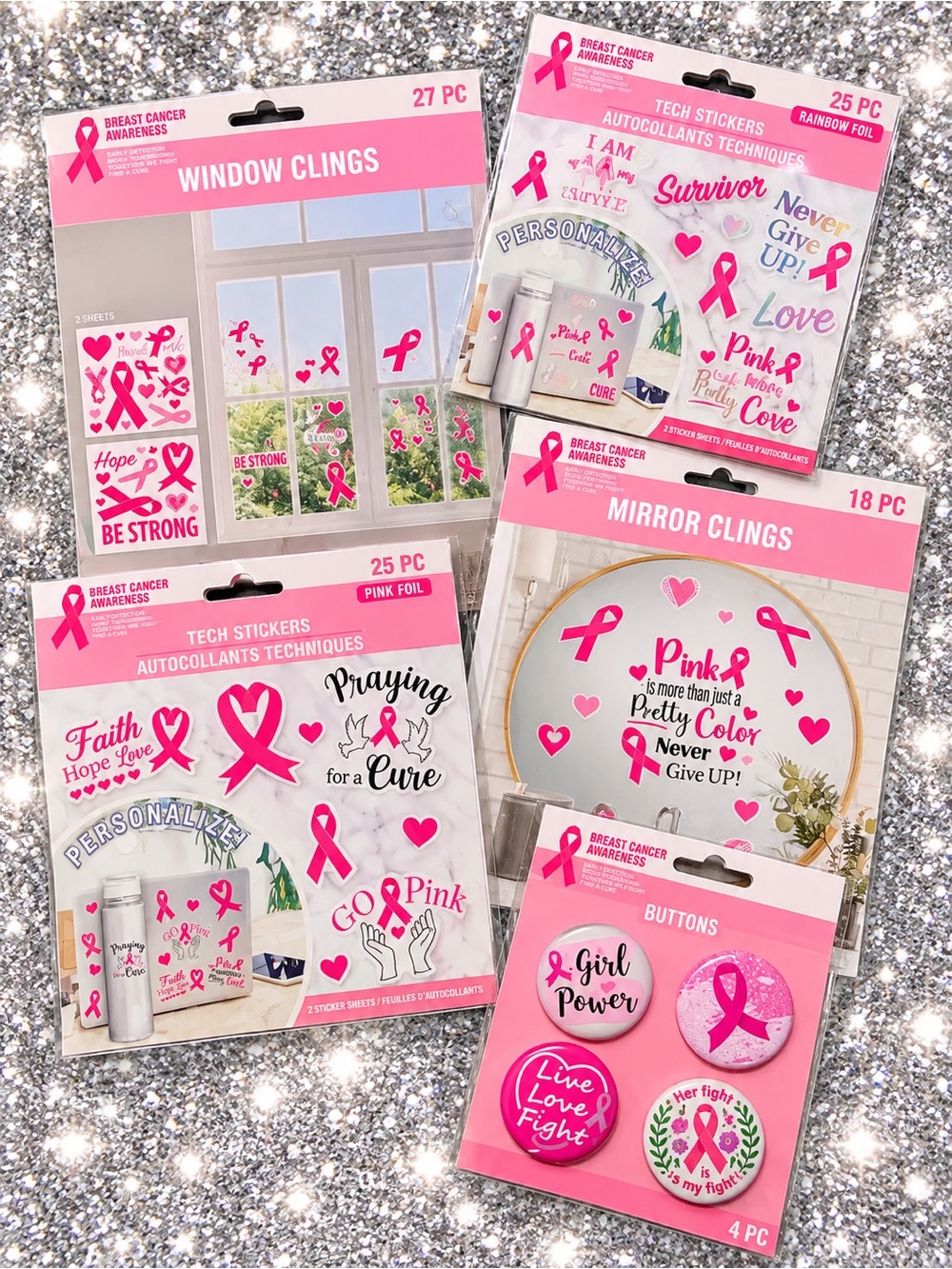 Breast Cancer Awareness Window & Mirror Clings, Tech Sticker & Pins Set